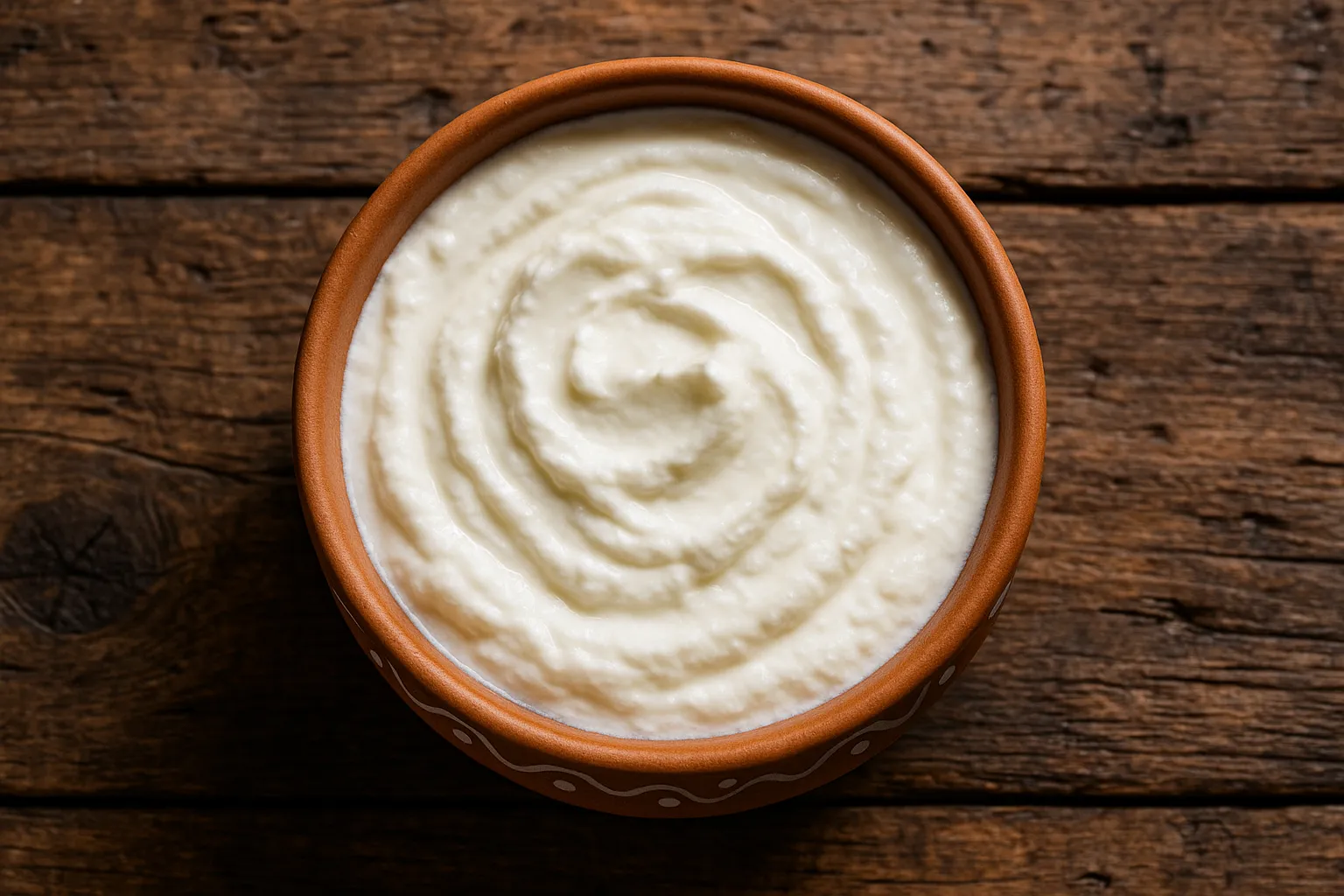 Frisches Dahi in Schale auf rustikalem Holztisch - 61 Kalorien pro 100 g