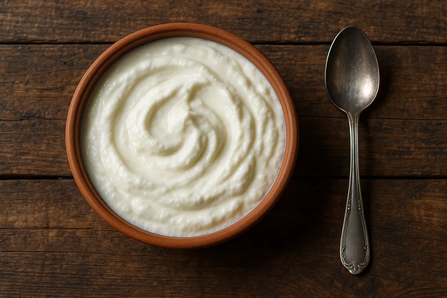 Dahi frais dans un bol sur une table en bois rustique - 61 calories par 100g