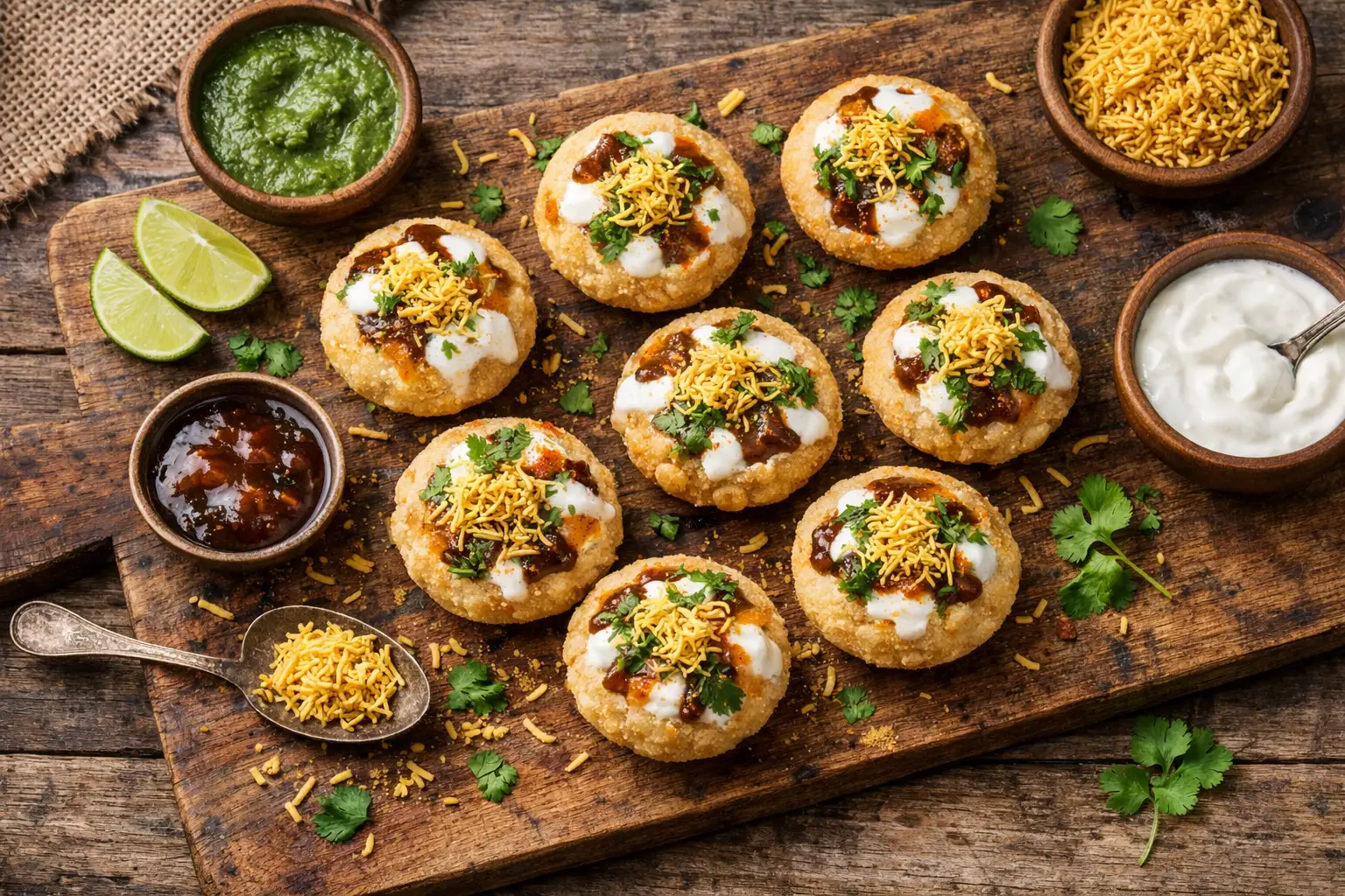 Fresh dahi puri on rustic wooden table - 180 calories per 6 pieces