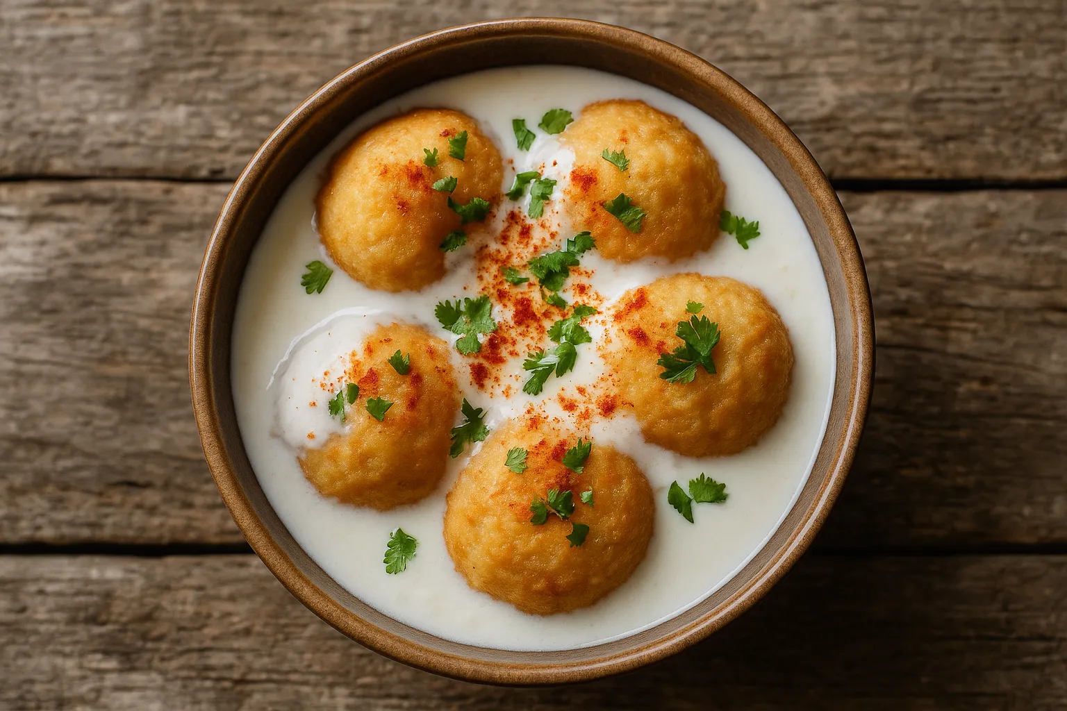 Fresh dahi vada on rustic wooden table - 170 calories per 100g