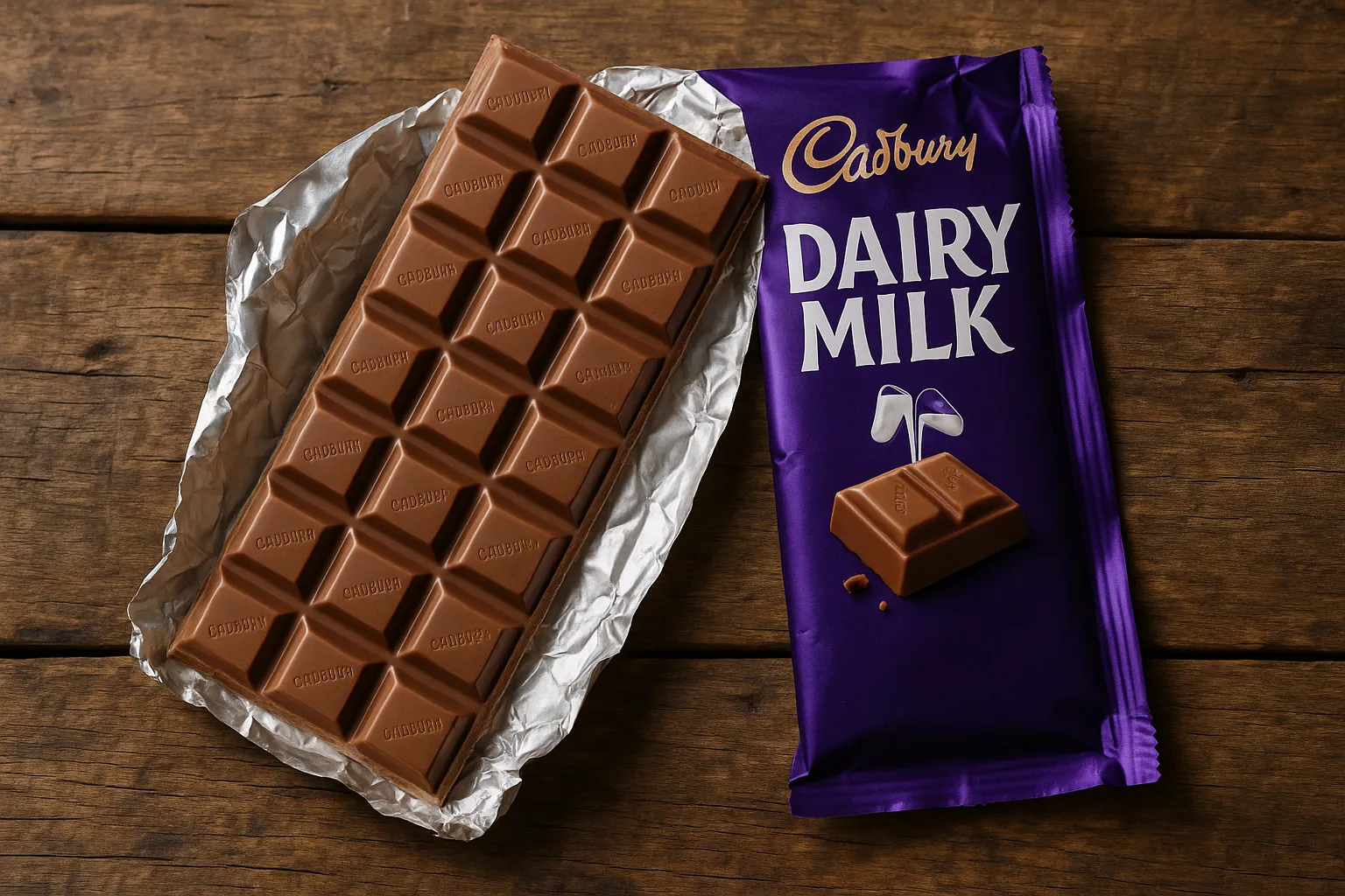 Fresh Dairy Milk chocolate bar on rustic wooden table - 238 calories per bar