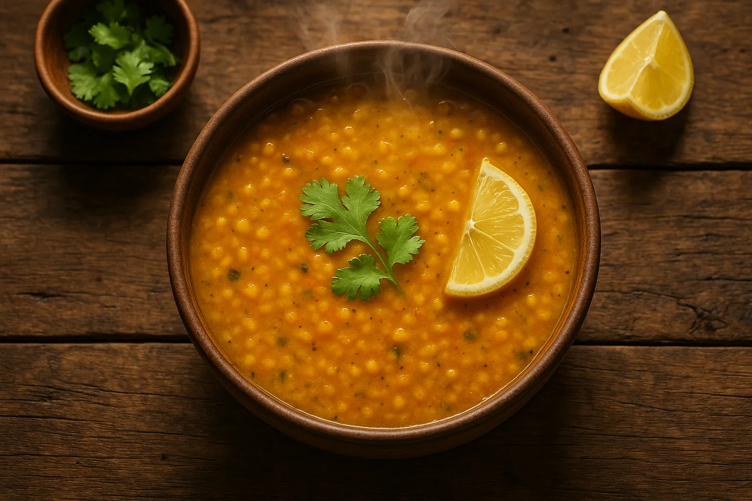 Fresh dal in rustic bowl on wooden table - 116 calories per 100g