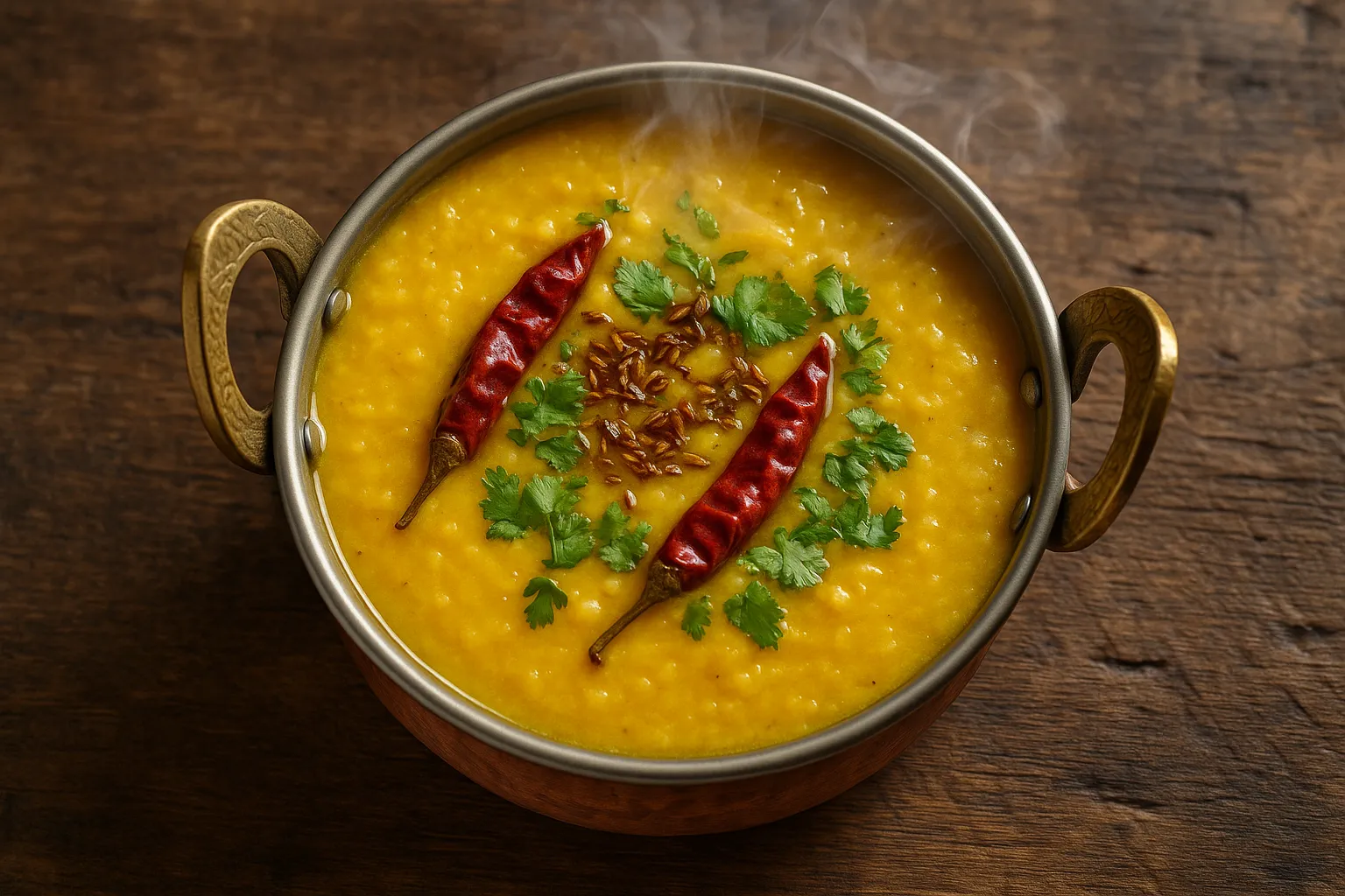 Tazón humeante de curry de lentejas con color dorado - 150 calorías por porción