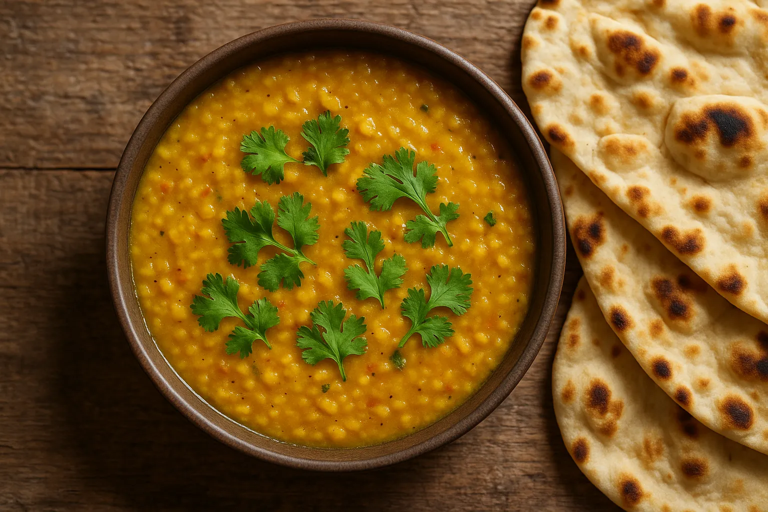 Fresh dal fry on rustic wooden table - 230 calories per cup