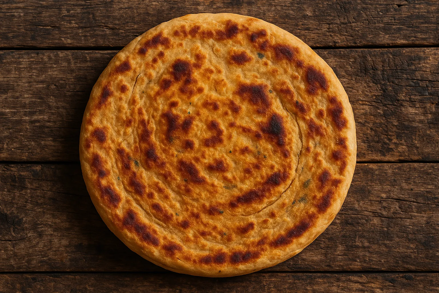 Frisches Dal Paratha auf rustikalem Holztisch - 177 Kalorien pro Paratha