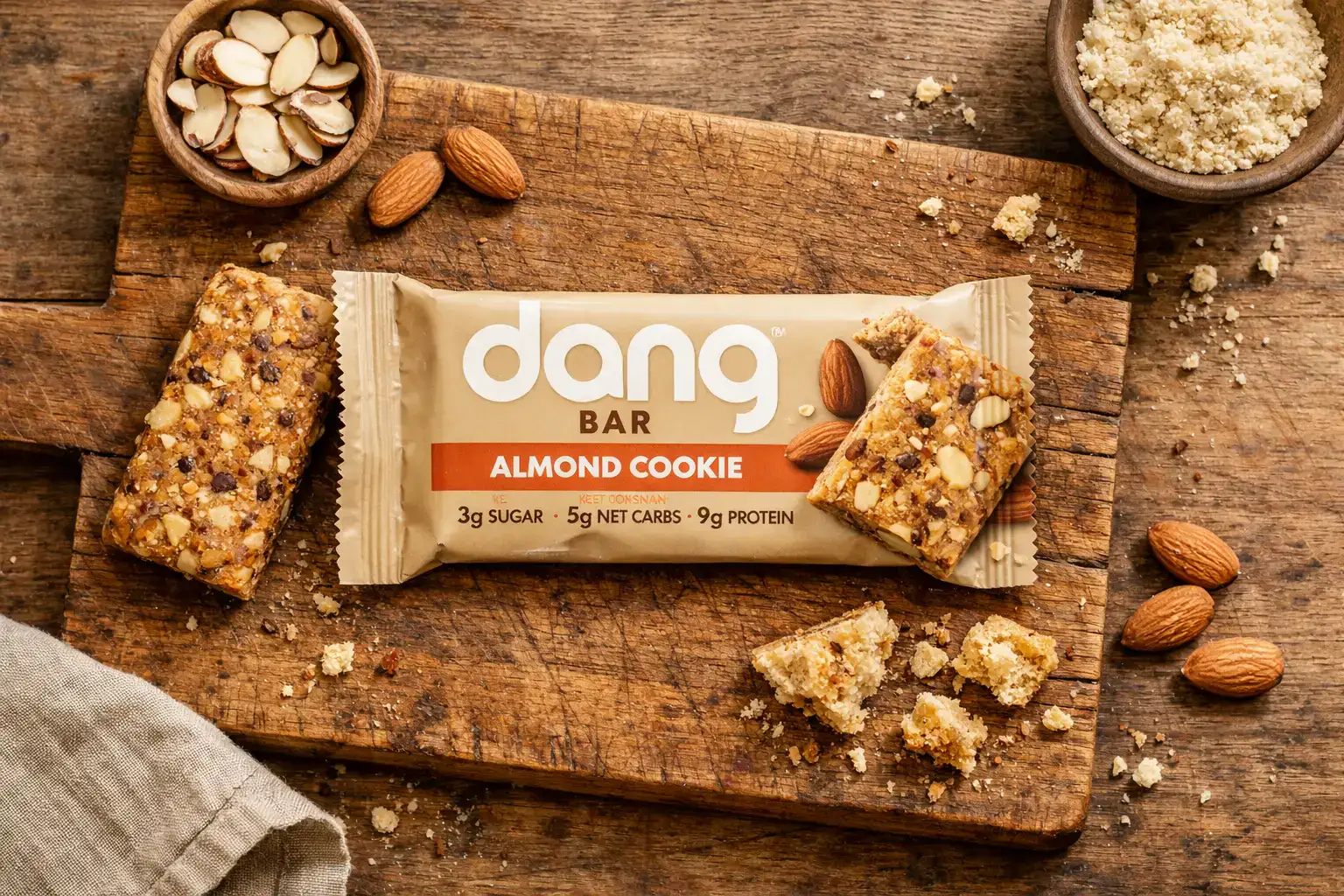 Fresh Dang Bar Almond Cookie on rustic wooden table - 210 calories per bar