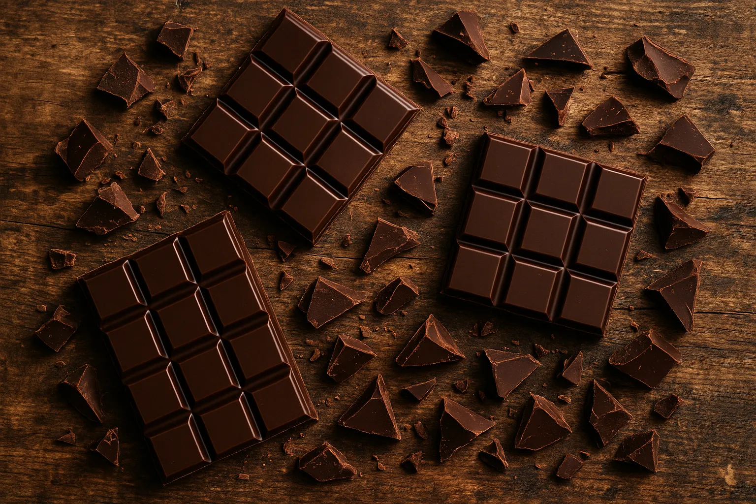 Fresh dark chocolate bars on rustic wooden table - 598 calories per 100g