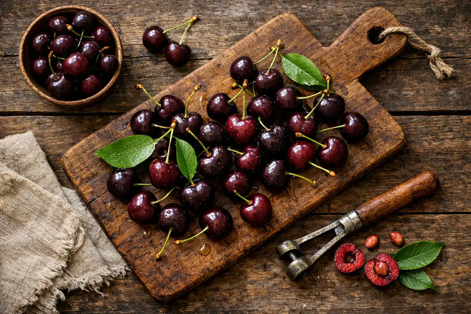 Cerezas dulces oscuras frescas en mesa rústica de madera - 87 calorías por taza