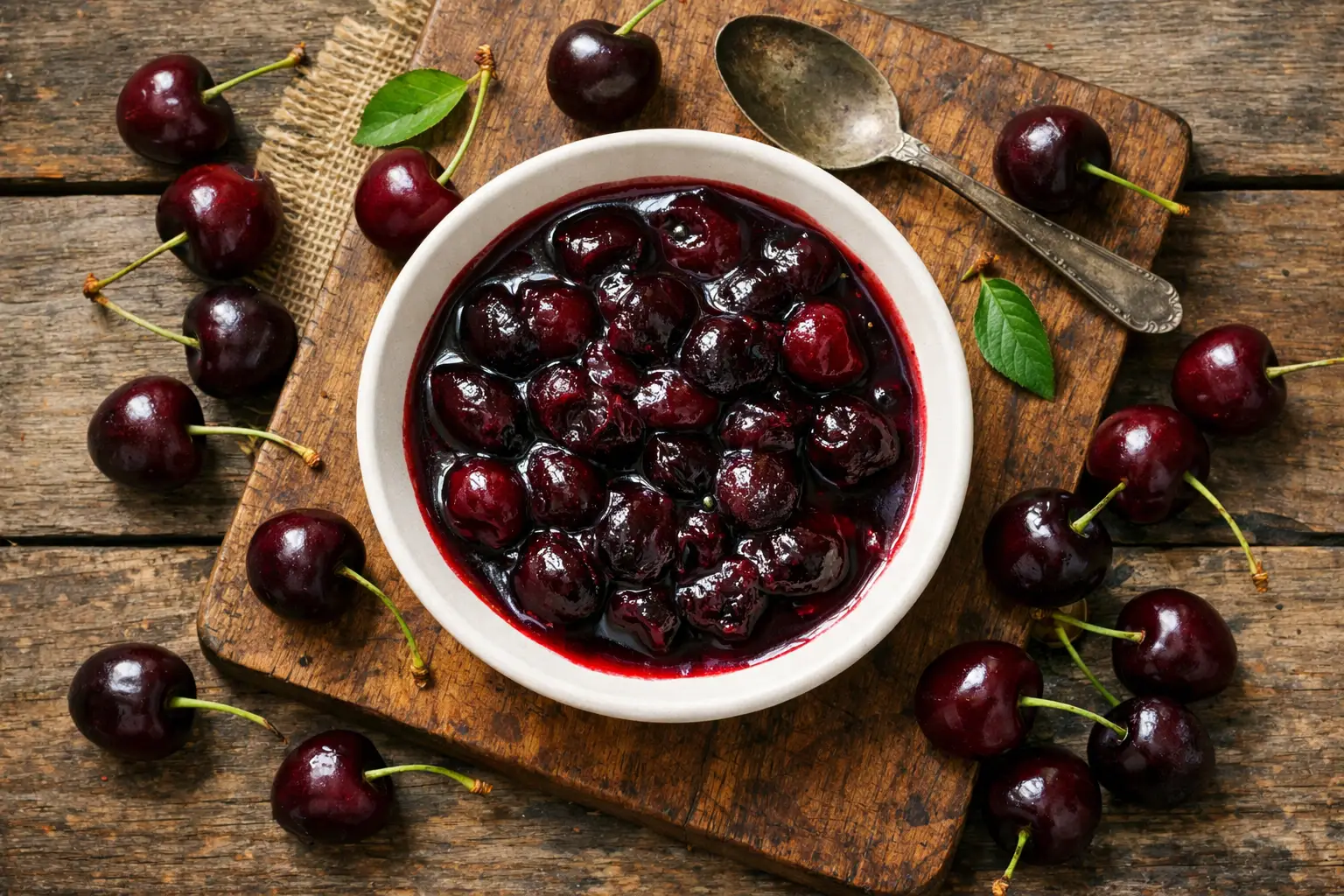 Frisches dunkles Süßkirschkompott in weißer Schüssel - 70 Kalorien pro 50 g Portion