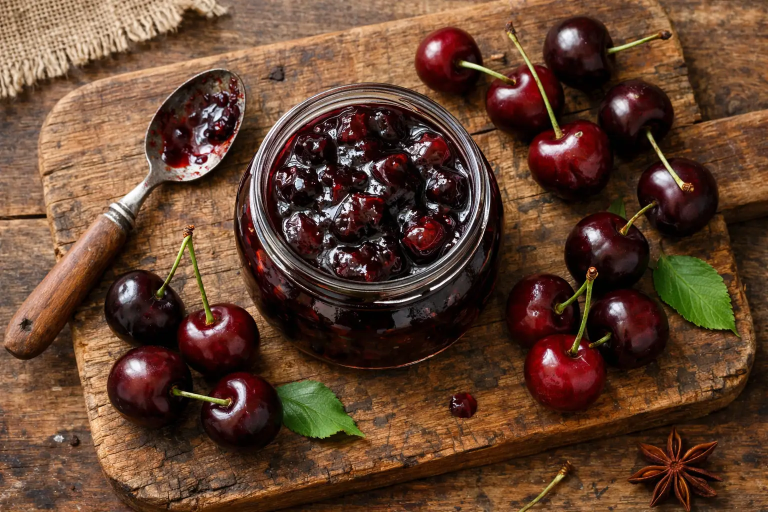 Frische dunkle Süßkirschmarmelade auf rustikalem Holztisch - 50 Kalorien pro Esslöffel