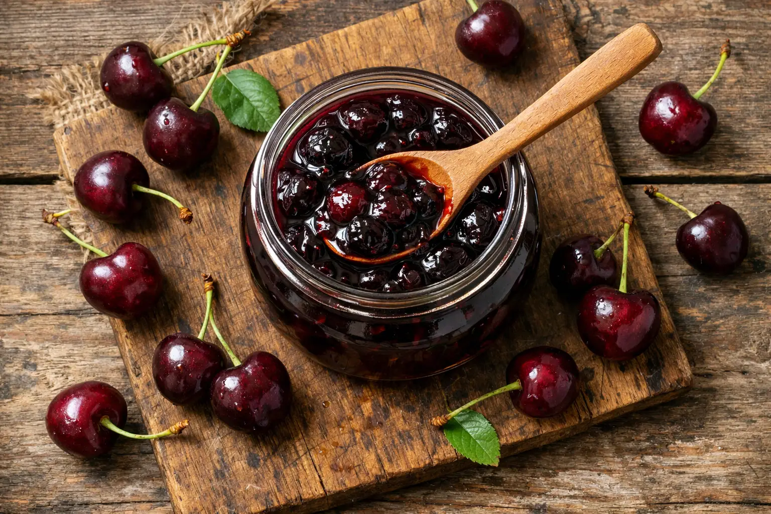 Fresh dark sweet cherry preserves on rustic wooden table - 50 calories per tablespoon