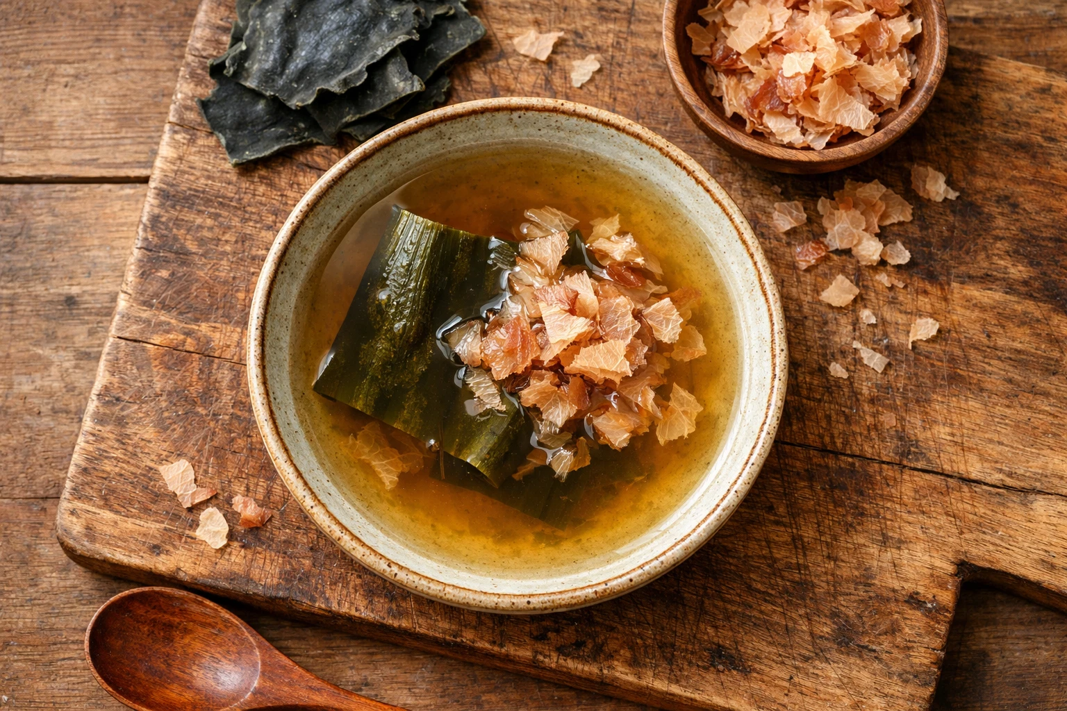 Fresh dashi stock in ceramic bowl with kombu and bonito - 5 calories per cup