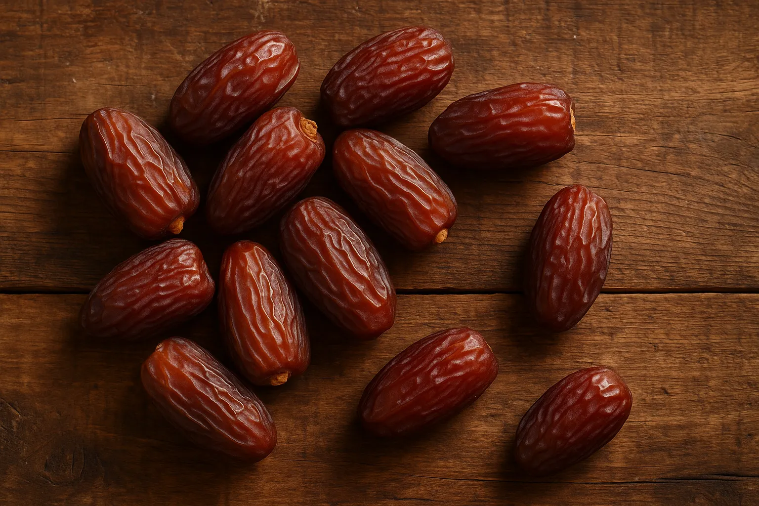 लकड़ी की टेबल पर ताजे खजूर - प्रति खजूर 66 कैलोरी