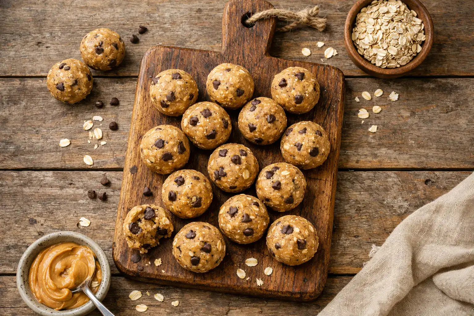 Fresh Day Out Cookie Dough Protein Balls on rustic wooden table - 280 calories per 4-ball pack