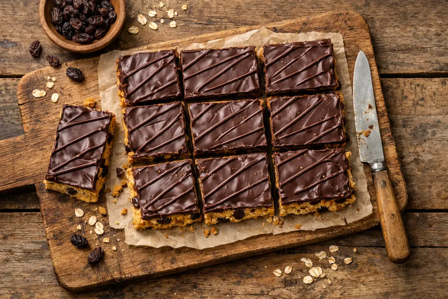 Deliciously Ella Raisin Chocolate Topped Oat Bar on rustic wooden table - 235 calories per bar