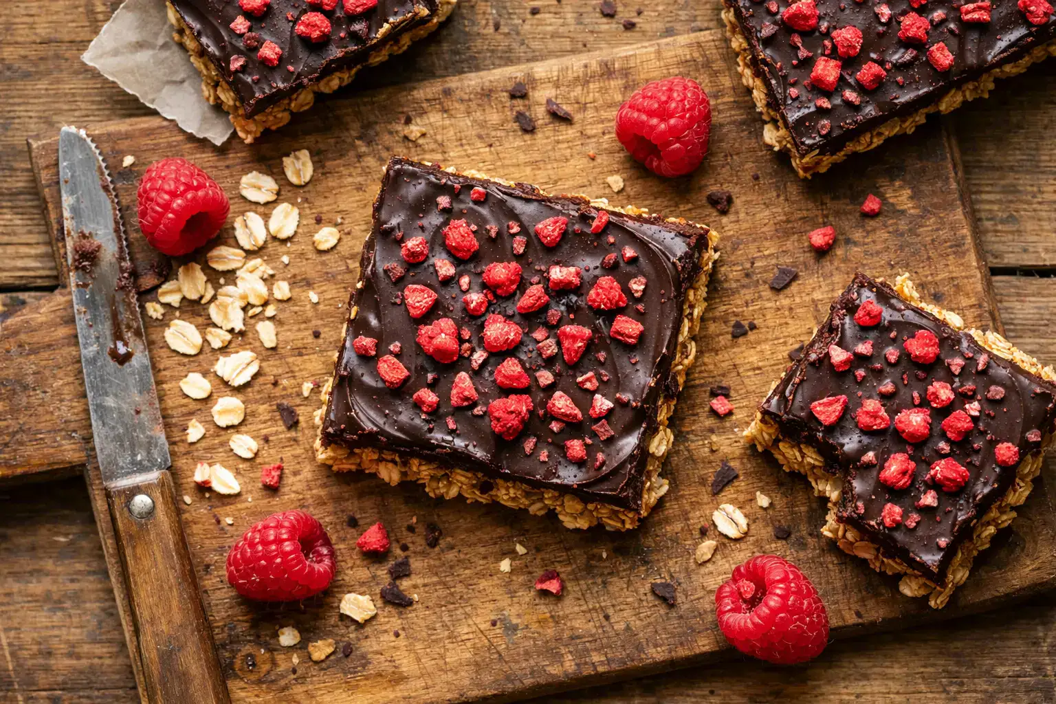 Barre d'avoine chocolatée aux framboises Deliciously Ella sur table en bois rustique - 180 calories par barre