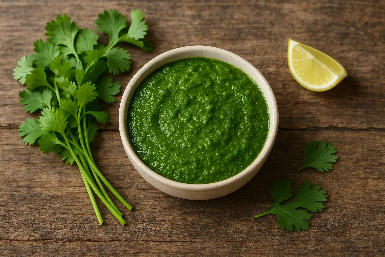 Fresh dhaniya chutney on rustic wooden table - 24 calories per 2 tablespoons