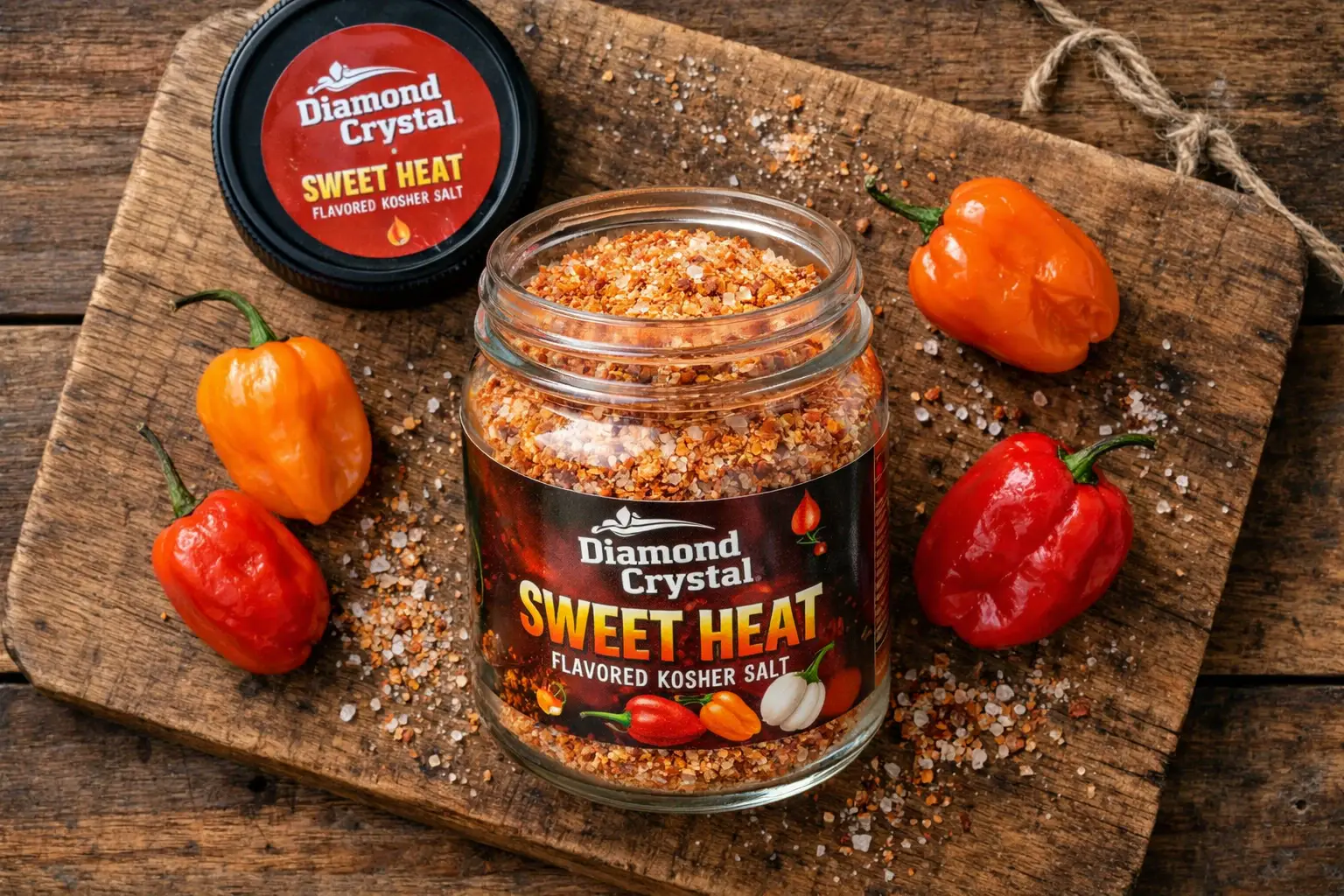 Diamond Crystal Sweet Heat Kosher Salt auf rustikalem Holztisch - 0 Kalorien pro Portion