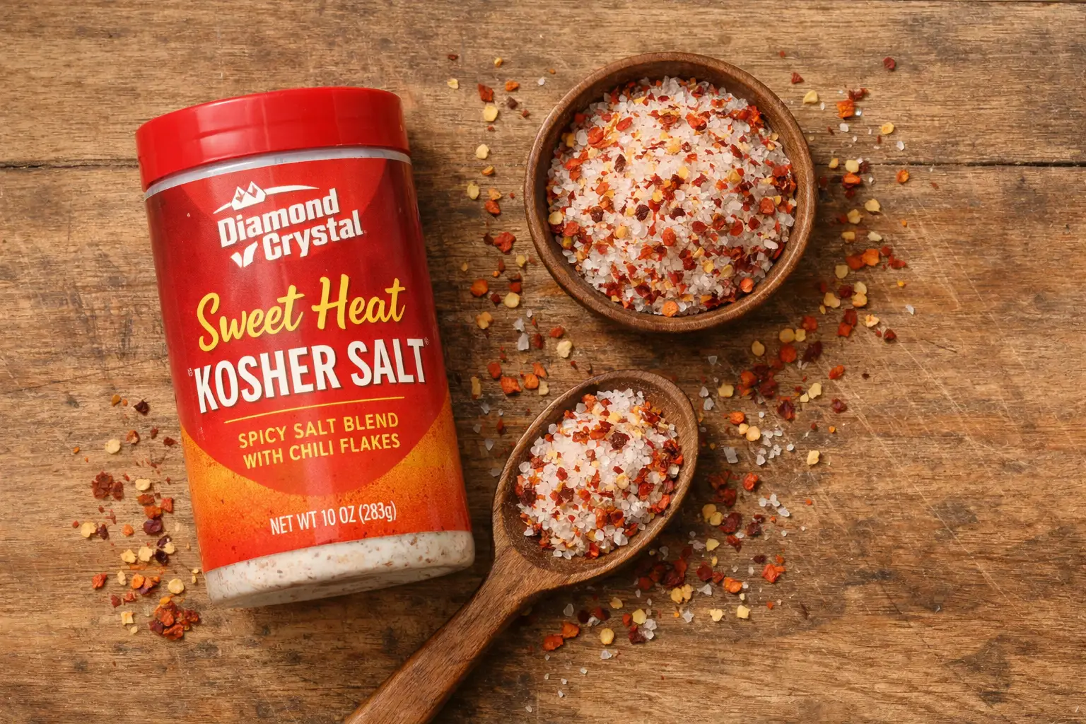 Diamond Crystal Sweet Heat Kosher Salt on rustic wooden table - 0 calories per serving