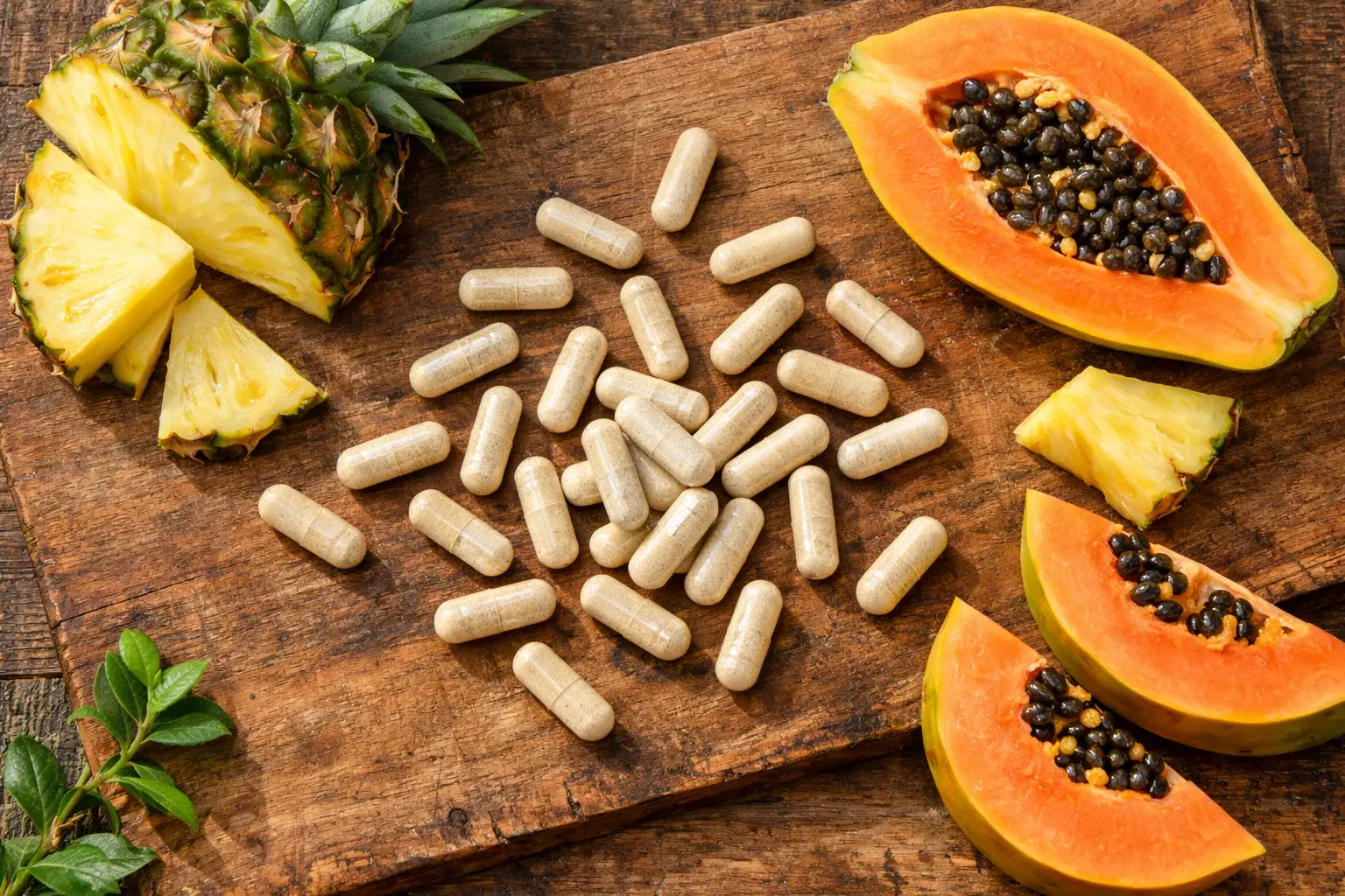 Digestive enzyme supplement capsules on rustic wooden table - 5 calories per capsule