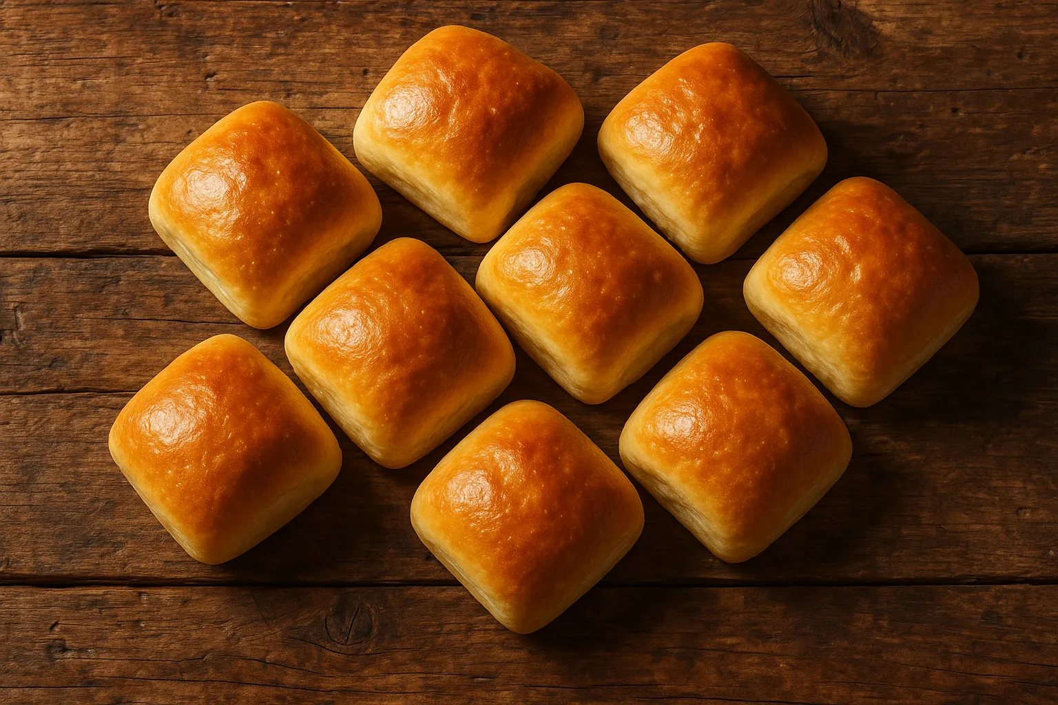 रस्टिक वुडन टेबल पर ताजा डिनर रोल्स - प्रति रोल 87 कैलोरीज़