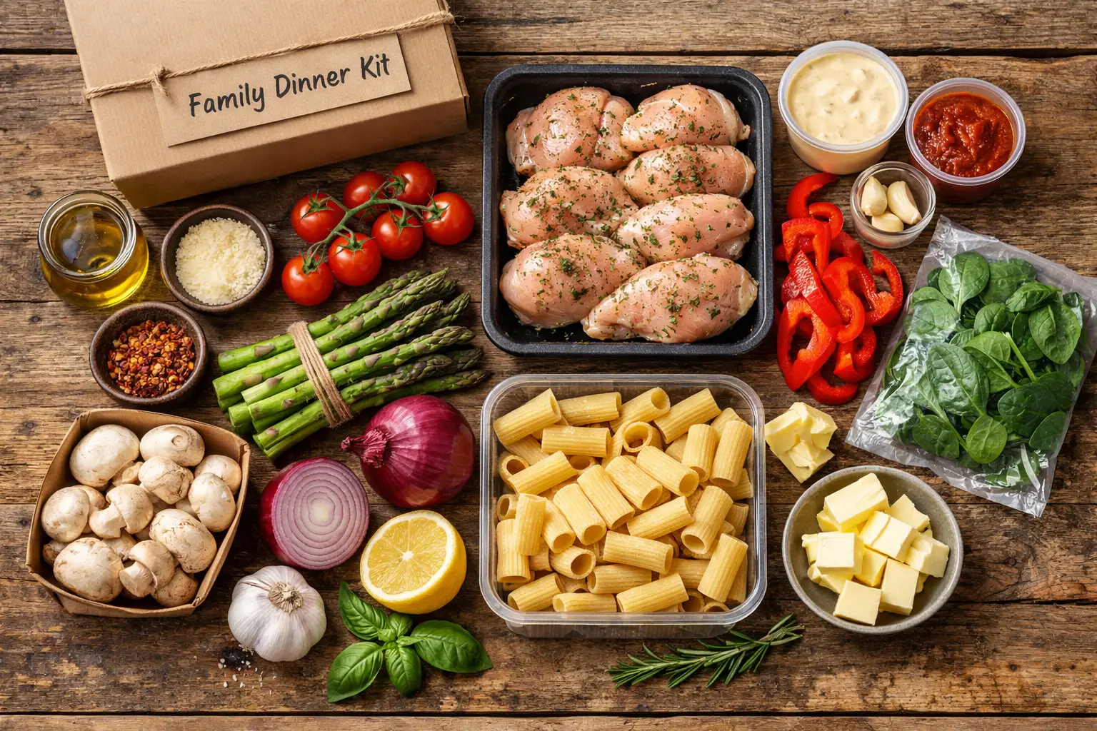 Fresh Dinnerly meal kit on rustic wooden table - 450 calories per serving