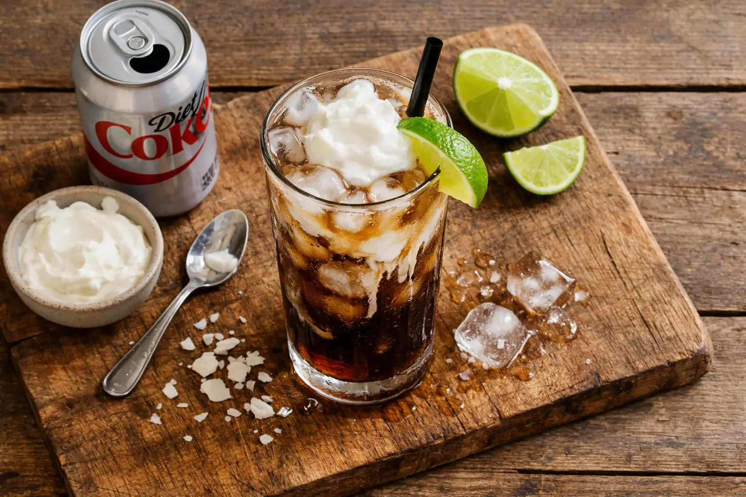 Fresh dirty soda with coconut cream and lime on rustic wooden table - 50 calories per serving