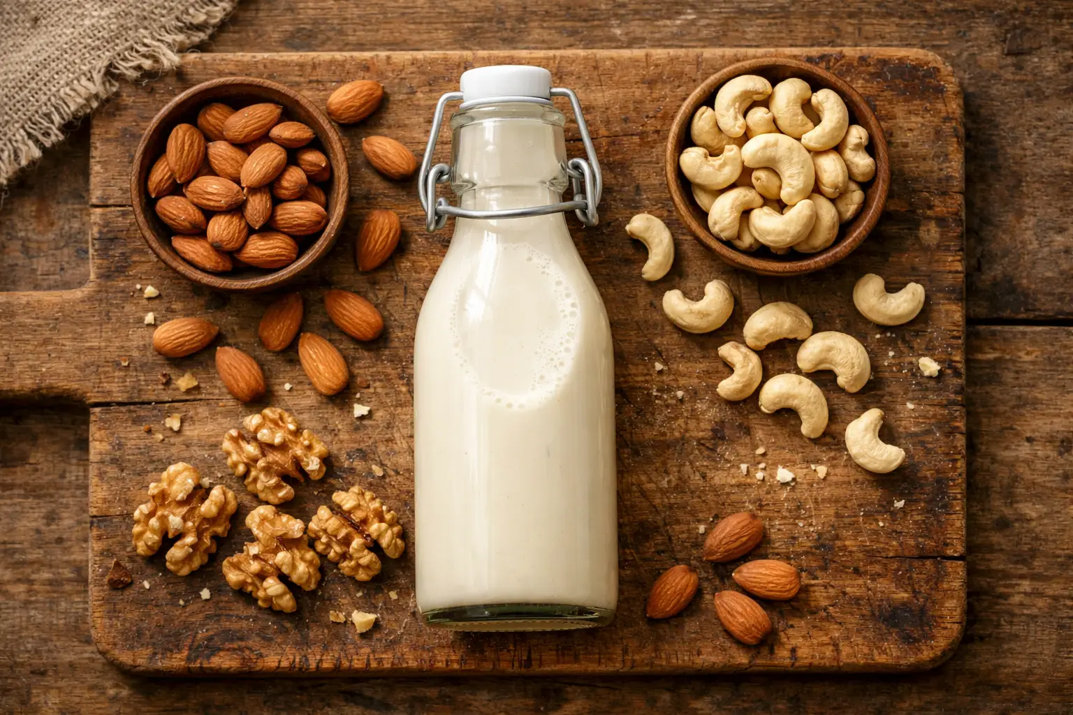 Frische selbstgemachte Nussmilch auf rustikalem Holztisch - 40 Kalorien pro Tasse