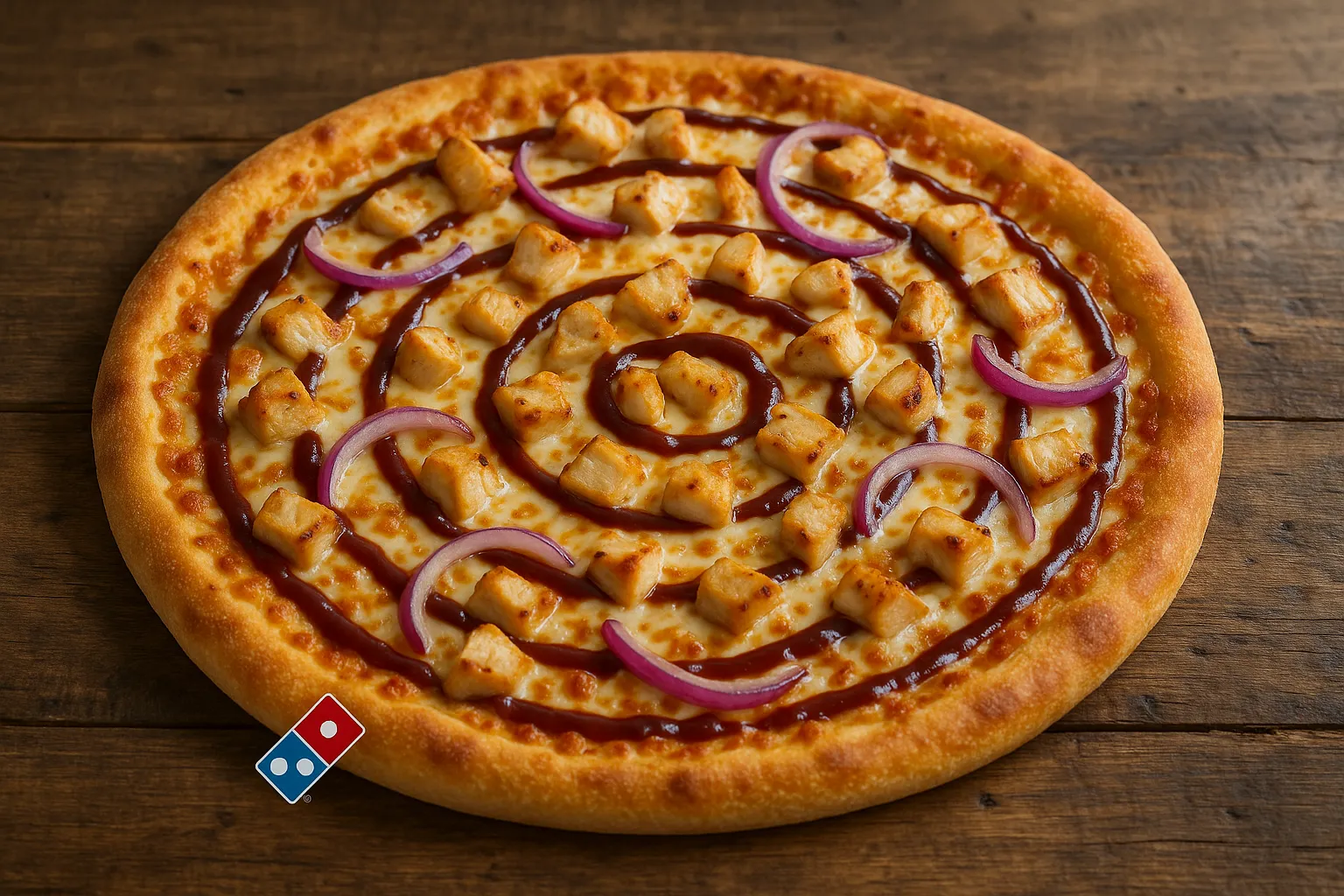 Frische Domino's BBQ Chicken Pizza auf rustikalem Holztisch - 240 Kalorien pro Stück
