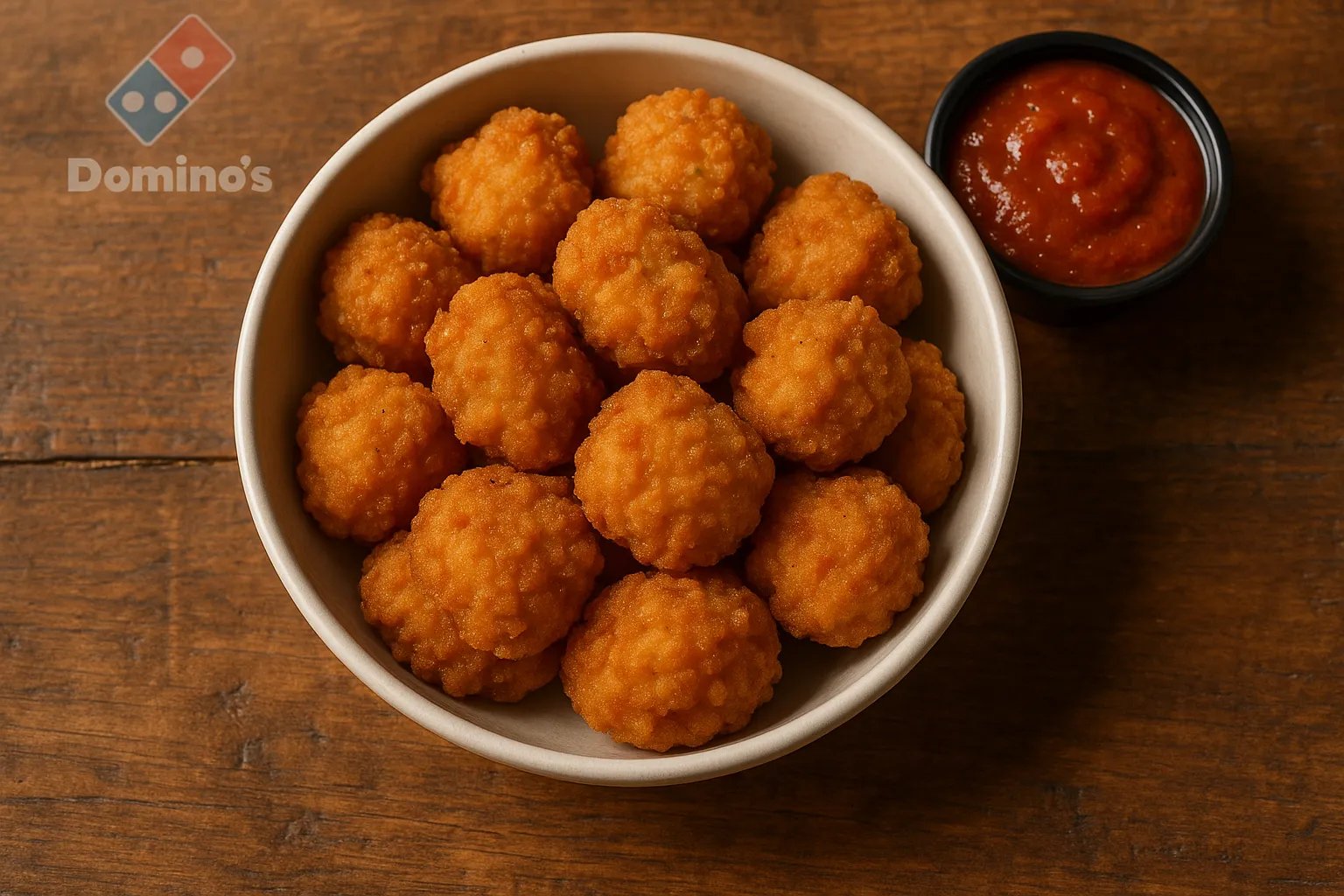 Fresh Domino's boneless chicken wings on rustic wooden table - 400 calories per 8 pieces