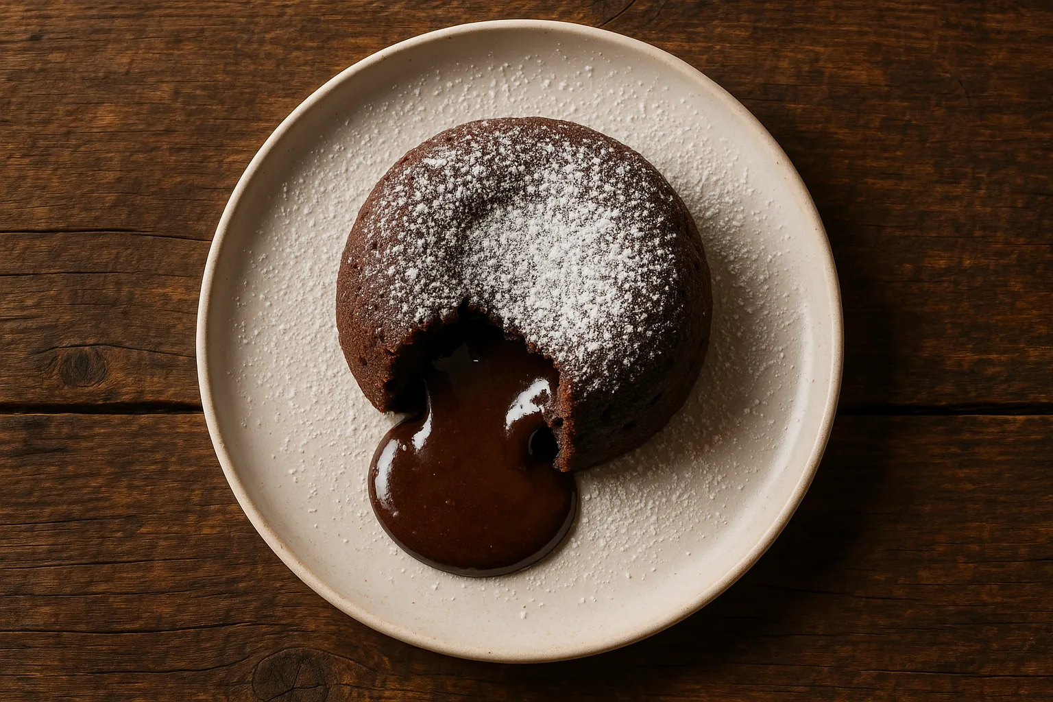 Chocolate lava cake on rustic wooden table - 350 calories per cake