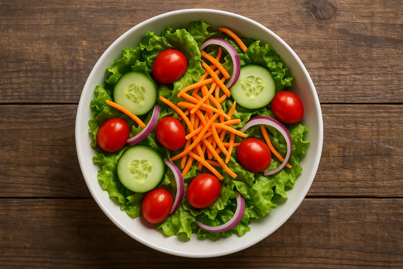 Ensalada de jardín fresca sobre mesa de madera rústica - 80 calorías por acompañamiento