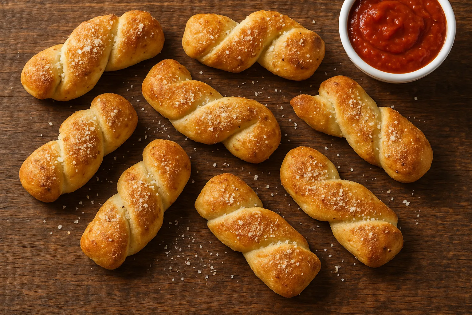 Garlic bread twists frais de Domino's sur table en bois rustique - 220 calories par portion