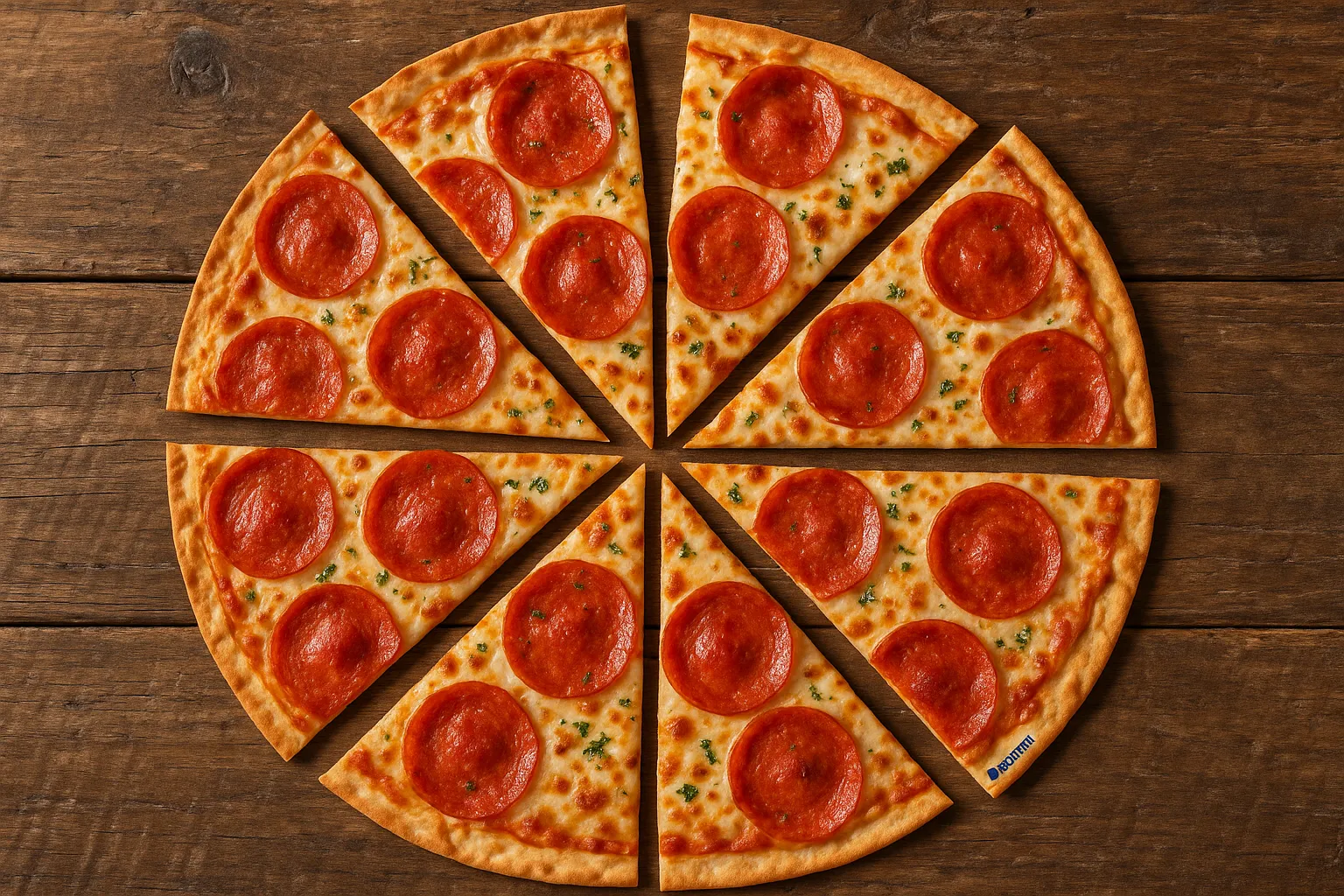 Pizza pepperoni pâte fine Domino's fraîche sur table en bois rustique - 215 calories par part