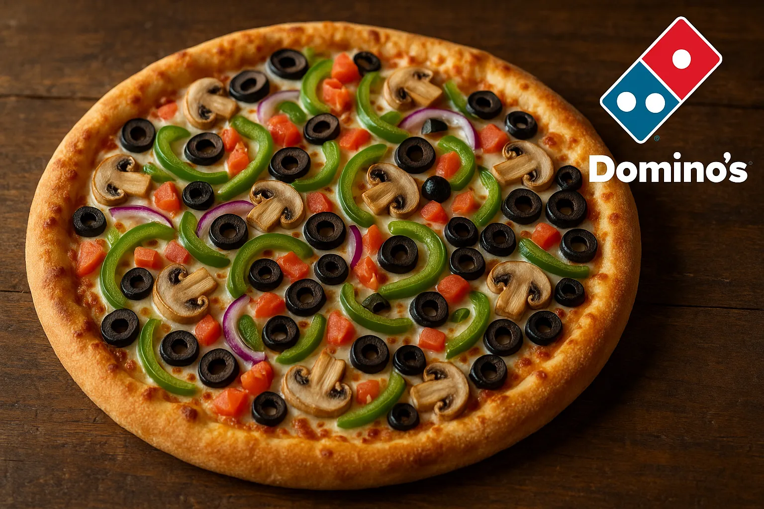 Pizza Végétarienne Domino's fraîche sur table rustique en bois - 200 calories par part