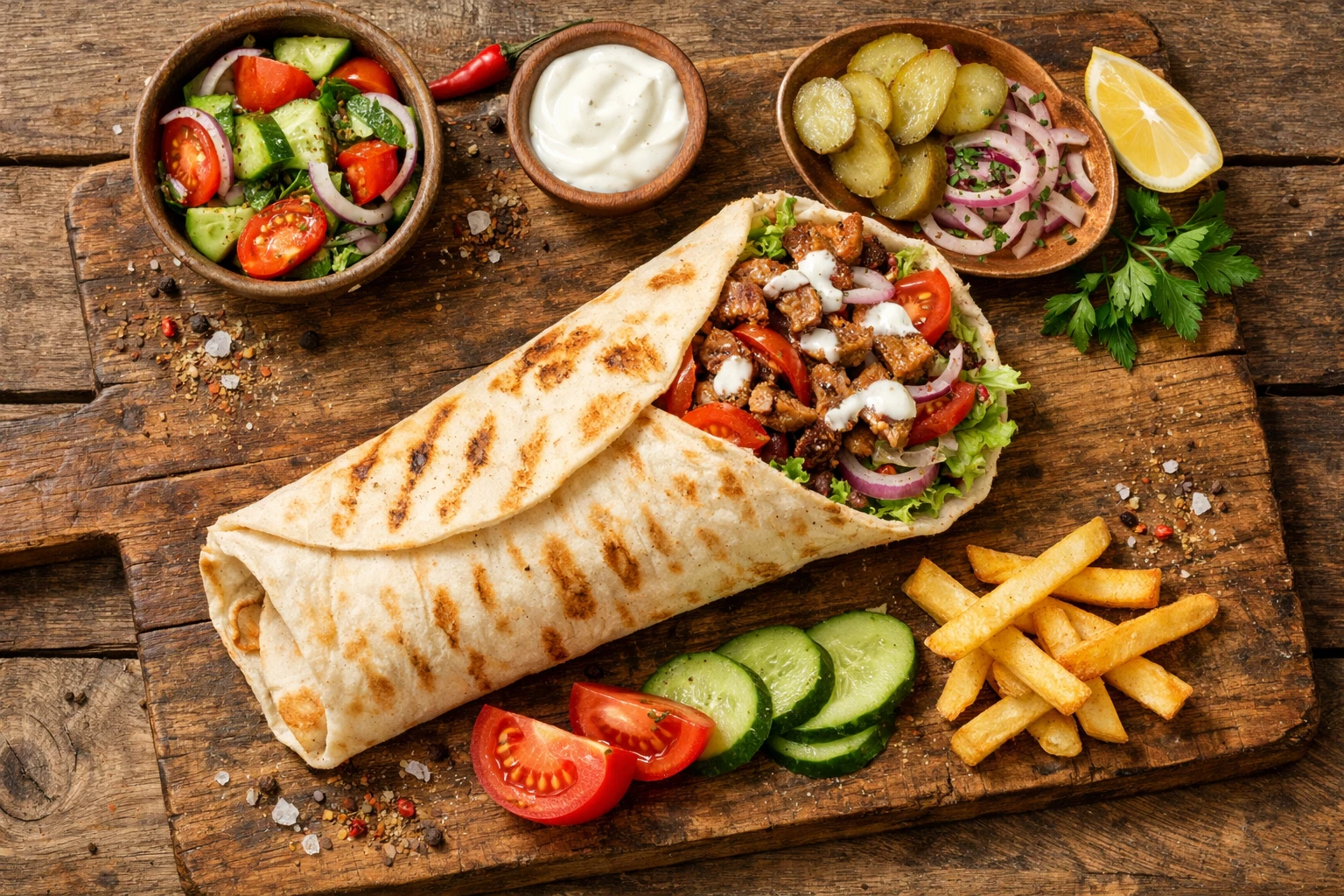 Frischer Döner Kebab Wrap mit Gemüse auf rustikalem Holztisch - 450 Kalorien pro Wrap