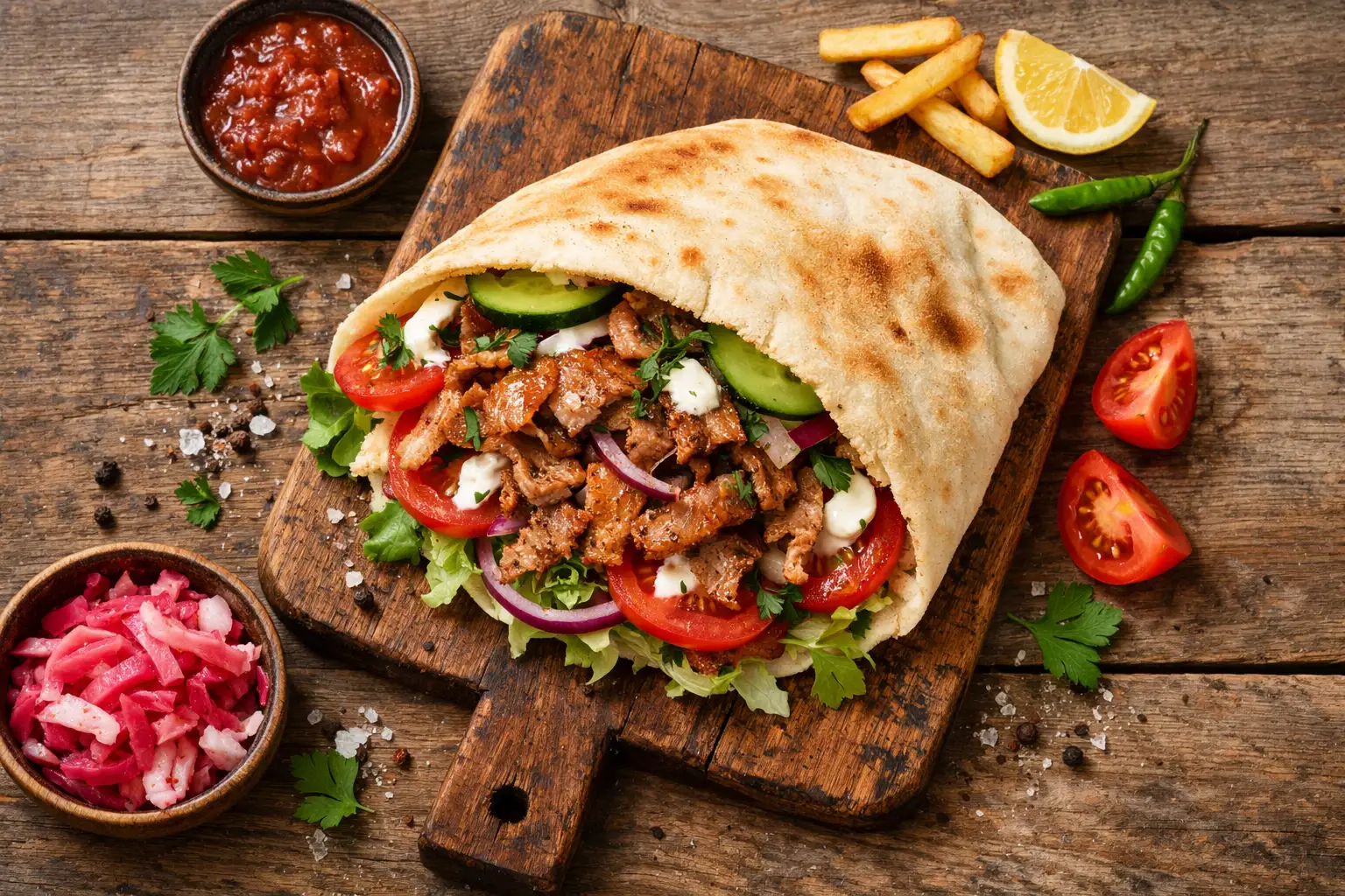 Wrap de Döner Kebab frais avec légumes sur table en bois rustique - 450 calories par wrap
