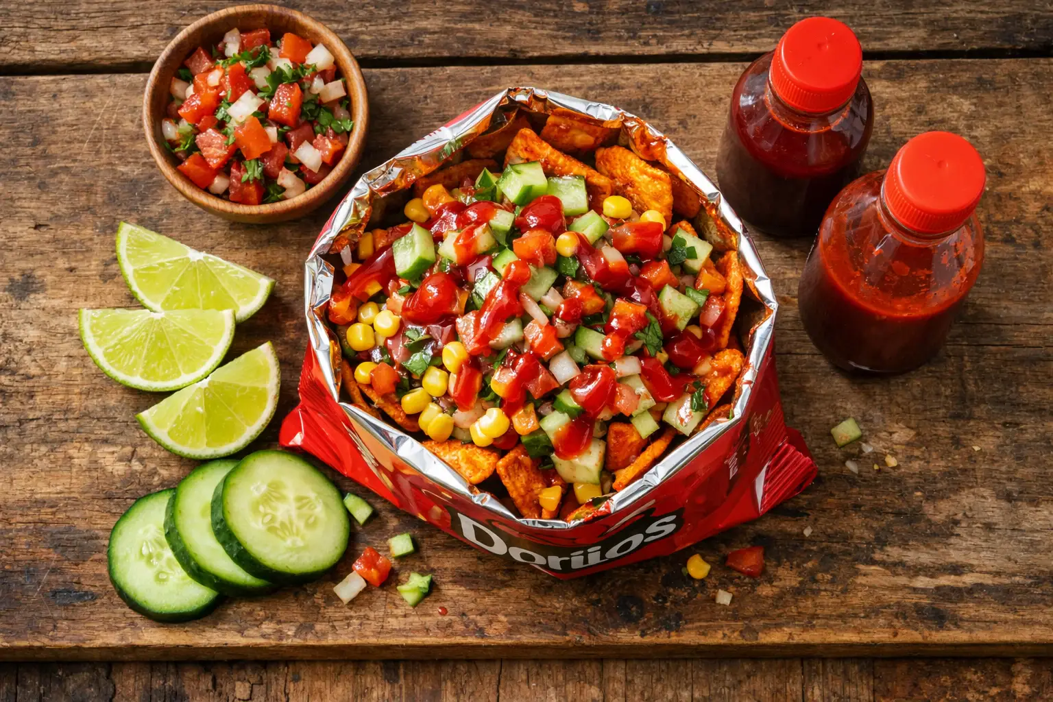 Dorilotes frescos snack callejero mexicano bolsa de Doritos cargada - 380 calorías por porción