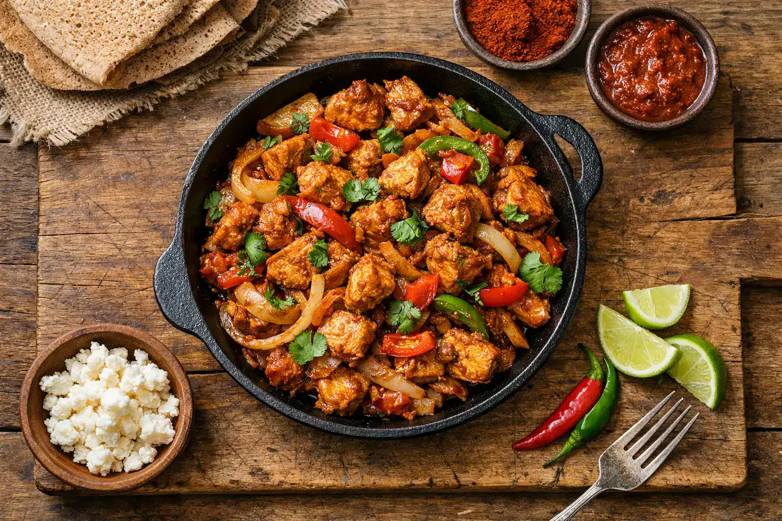 Fresh doro tibs ethiopian sautéed chicken on rustic wooden table - 350 calories per serving