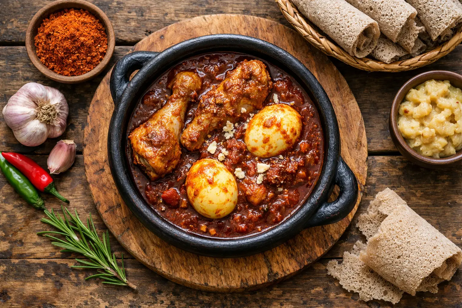 Fresh Ethiopian doro wat chicken stew in traditional clay pot - 400 calories per 250g serving