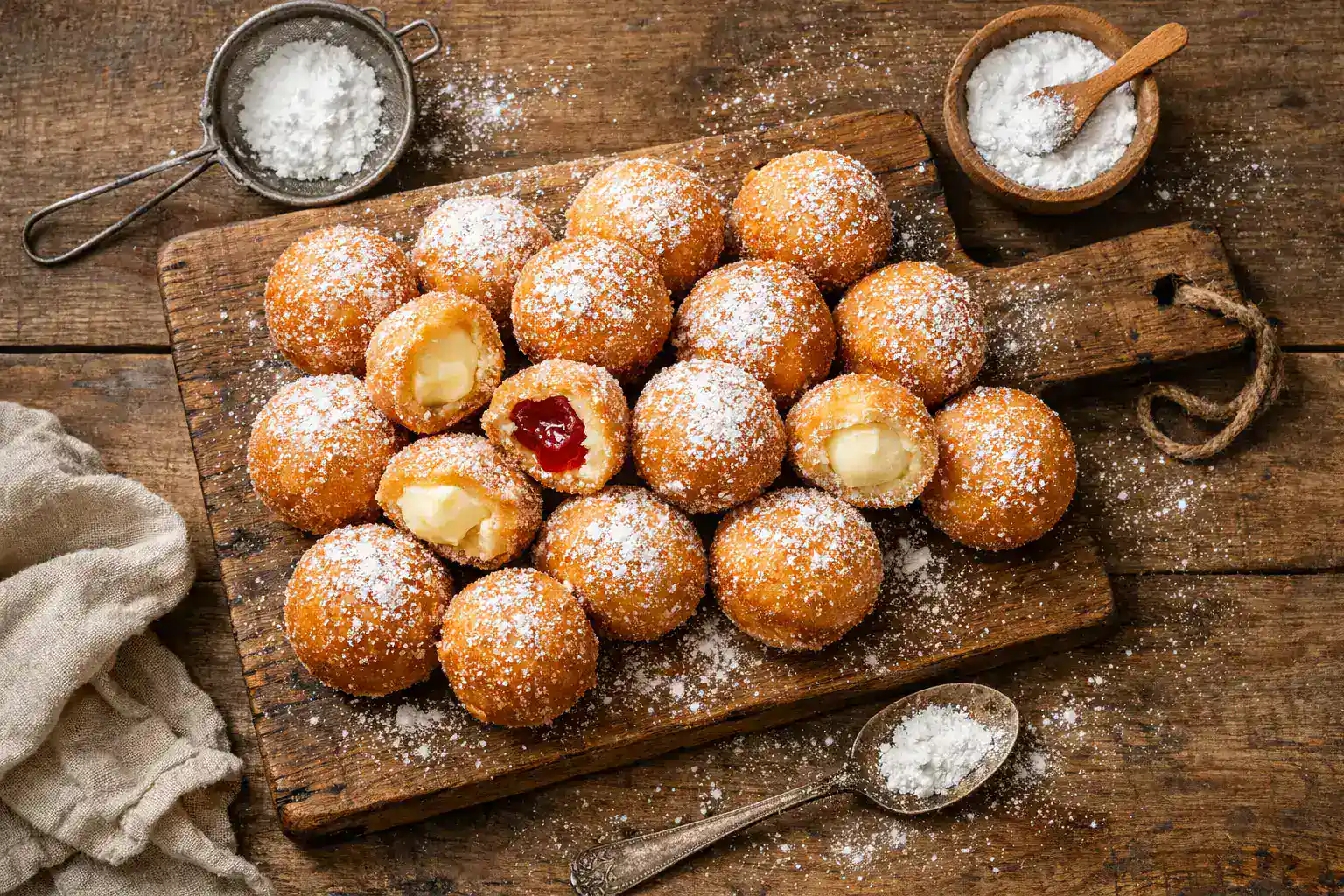 Fresh doughnut bombs on rustic wooden table - 80 calories per piece