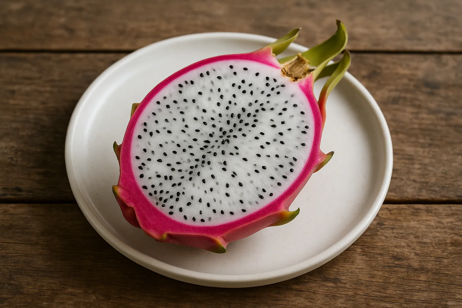 Sliced dragon fruit with black seeds on white surface - 60 calories per cup