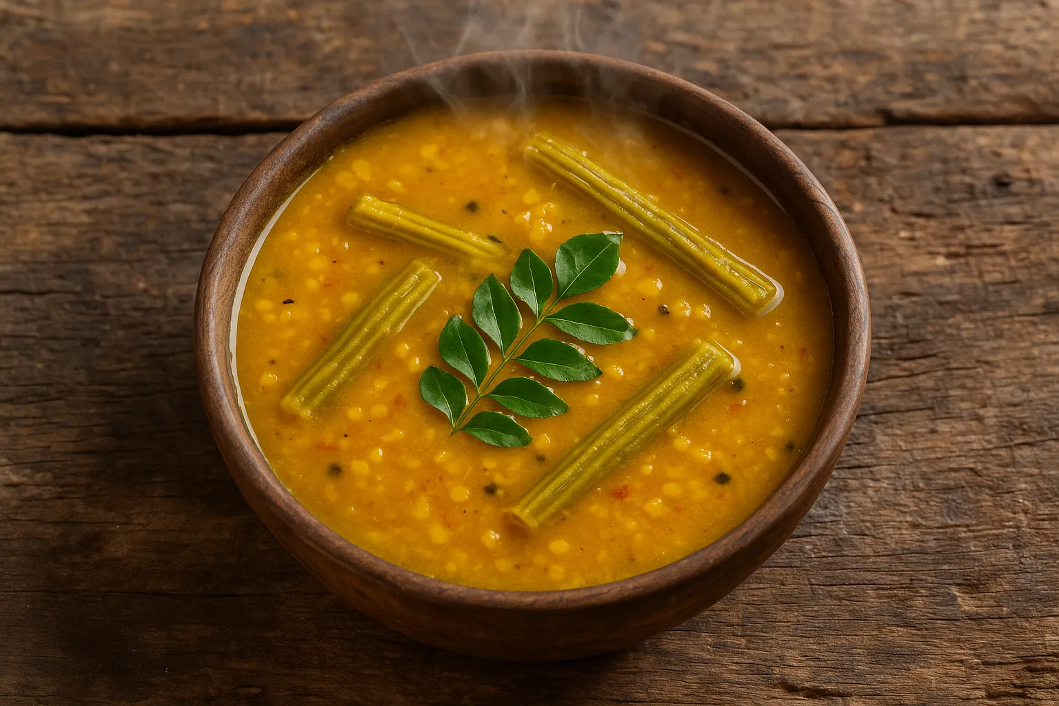 Sopa fresca de lentejas con palillos de tambor en mesa de madera rústica - 150 calorías por taza