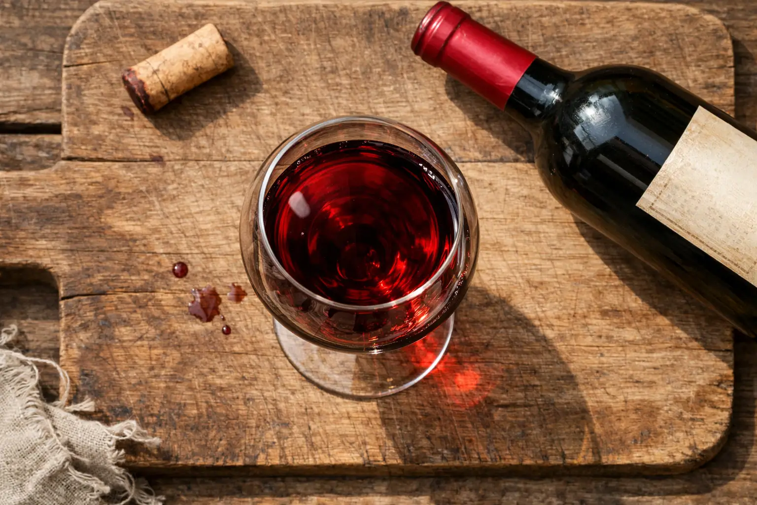 Copa de vino tinto orgánico sobre mesa de madera rústica - 110 calorías por copa de 150 ml