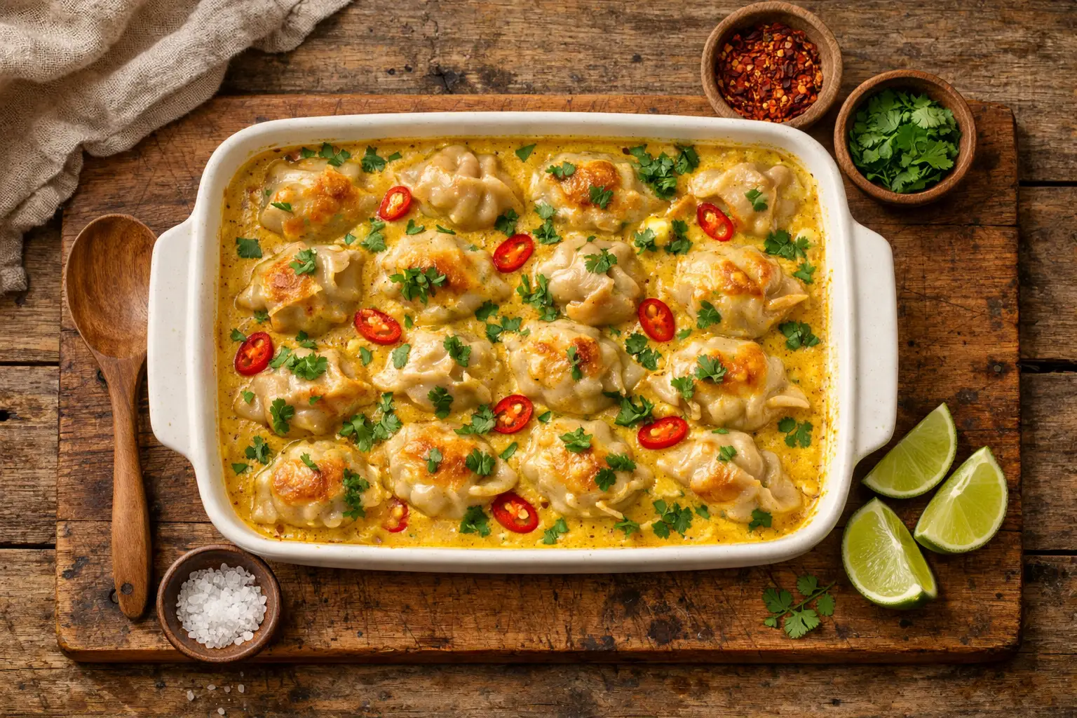 ताज़ा डंपलिंग बेक कैसरोल कोकोनट करी सॉस के साथ - 420 कैलोरी प्रति सर्विंग