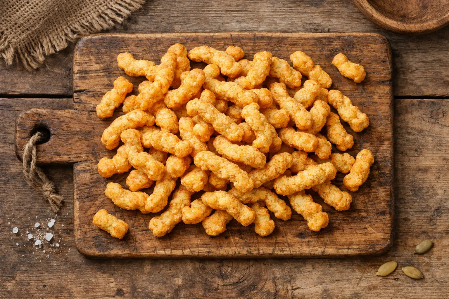 Cheetos sans colorants frais sur table en bois rustique - 150 calories par portion de 28 g