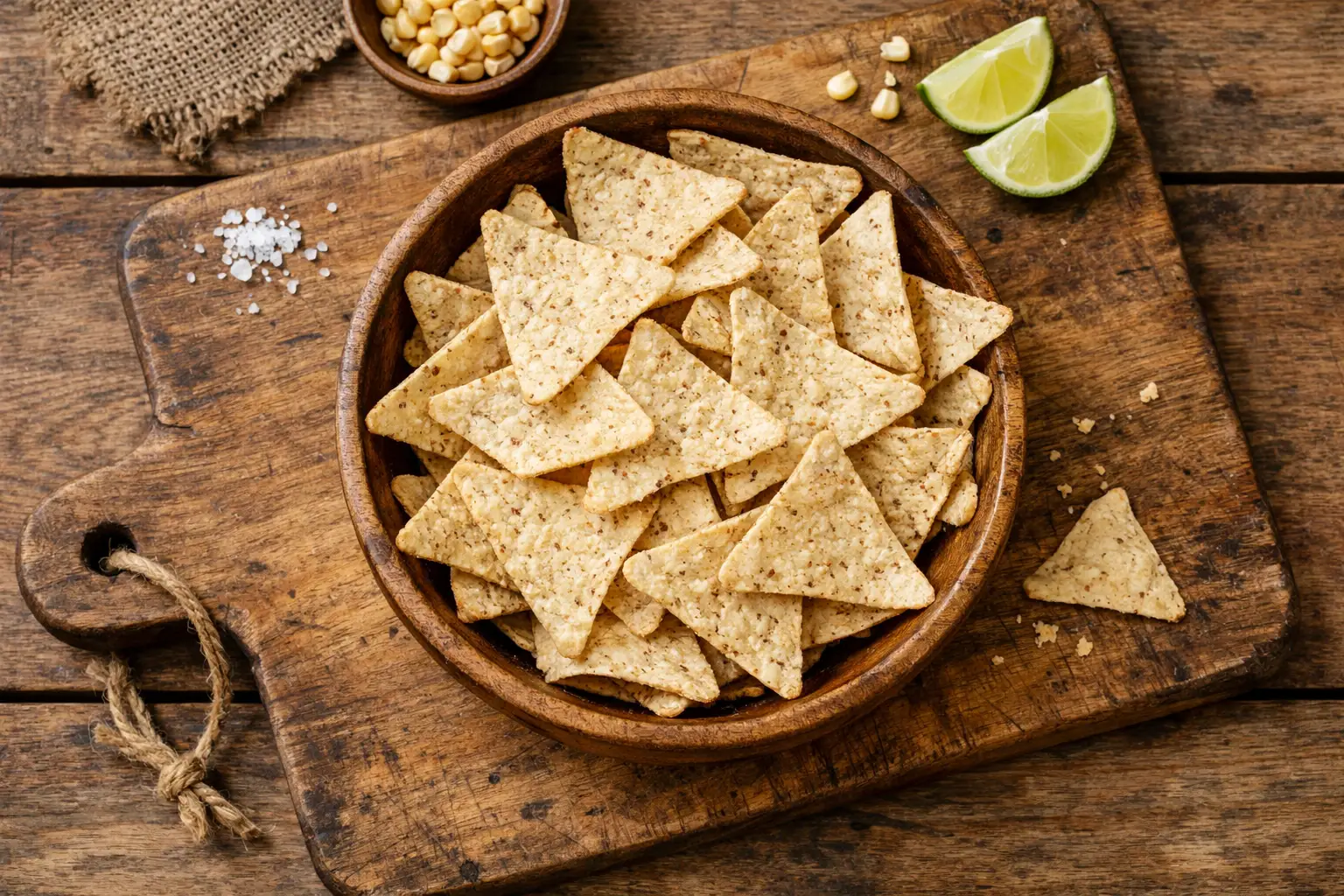 Chips de tortilla Doritos sin colorantes sobre mesa de madera rústica - 140 calorías por porción de 28 g