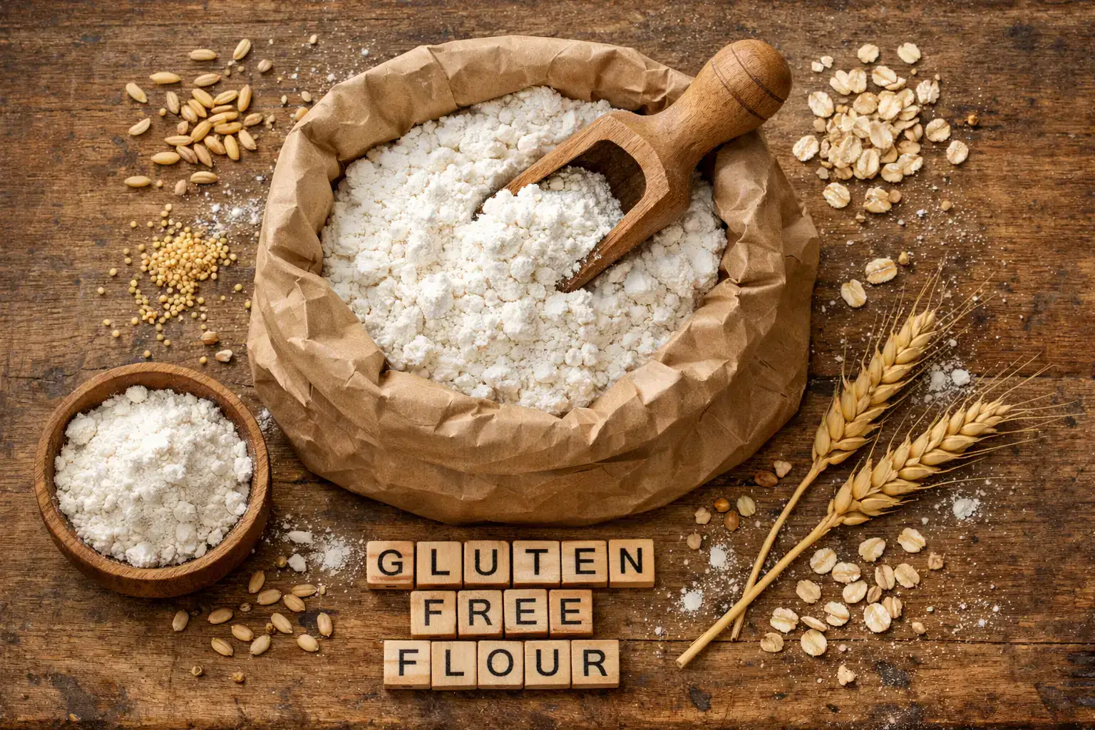 Frisches glutenfreies Universalmehl auf rustikalem Holztisch - 108 Kalorien pro 1/4 Tasse Portion