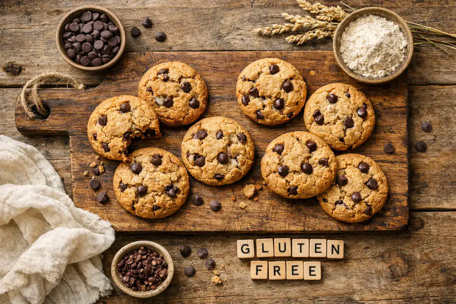 Galletas frescas sin gluten con chips de chocolate sobre mesa rústica de madera - 160 calorías por galleta