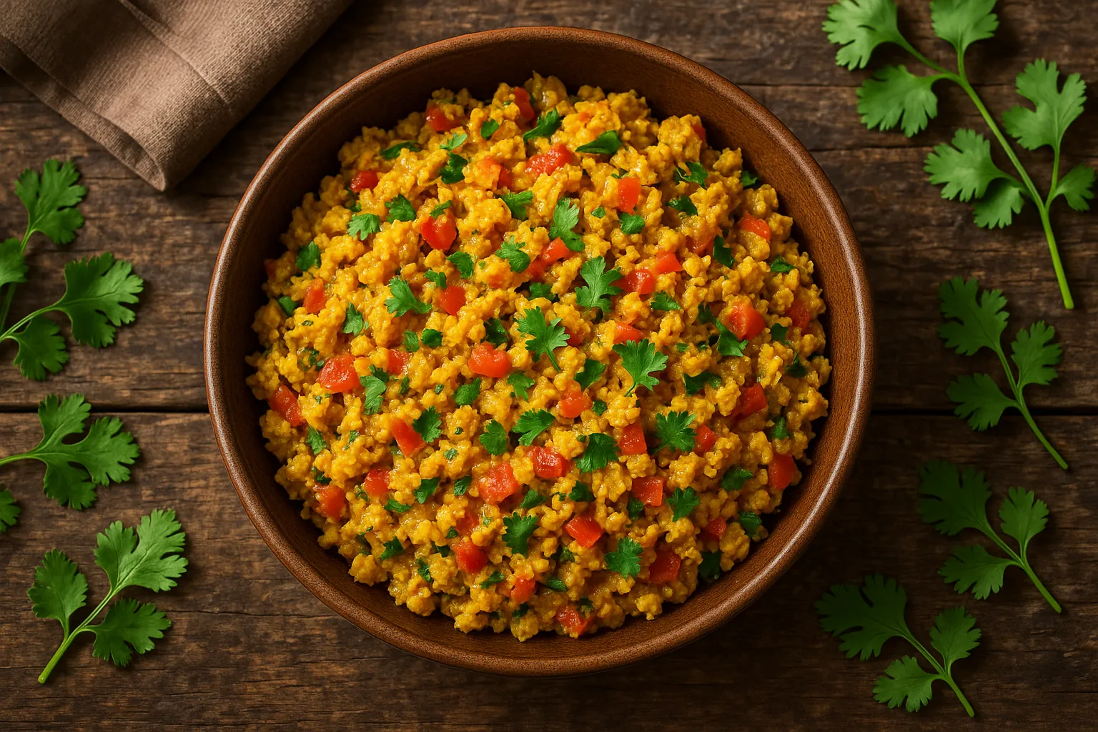 Frisches Egg Bhurji auf rustikalem Holztisch – 154 Kalorien pro 100 g